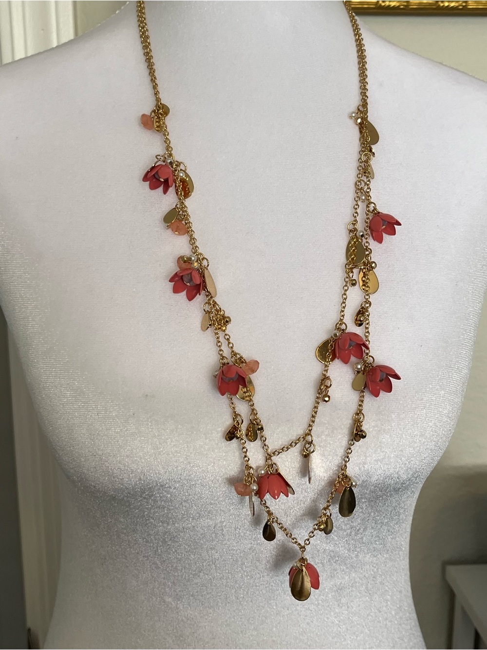 NWT Cato pink metal flower long gold double strand necklace 30”